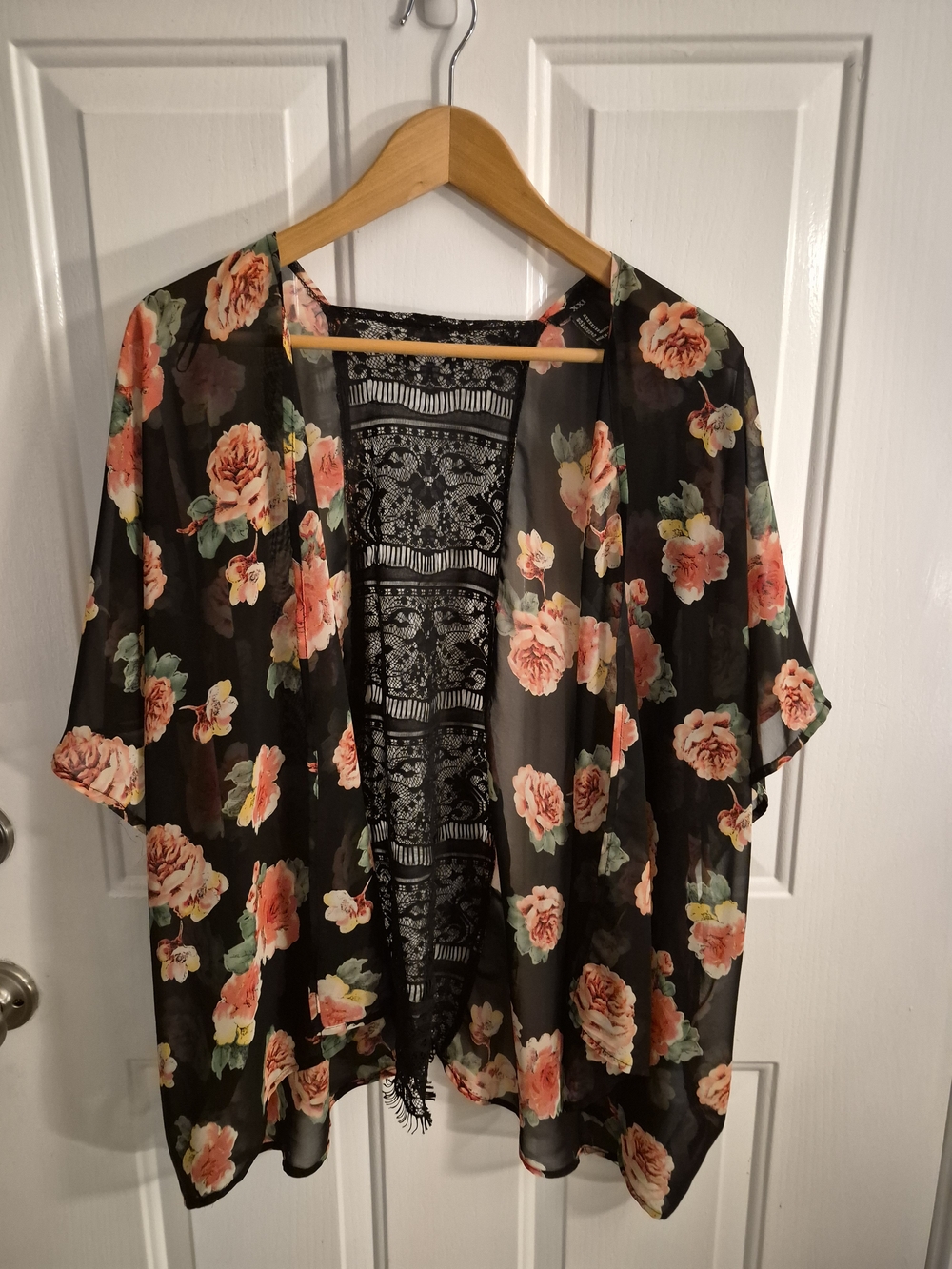 Unlisted Black Sheer Floral Kimono with Peach Roses